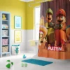 Personalized Sand Kingdom Mario shower curtain with the name Austin in red letters.