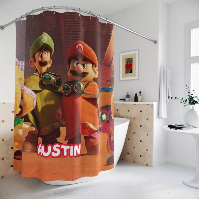 Sombrero-wearing Super Mario and Luigi custom bathroom decor shower drape.