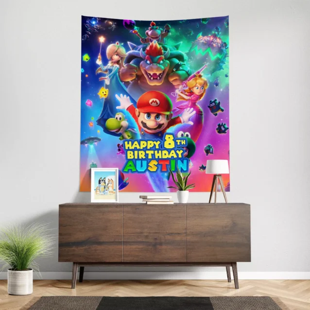 Super Mario Galaxy personalized birthday banner in a cosmic space setting.