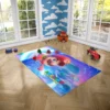 Action-ready Super Mario Galaxy rug with Peach's castle in background
