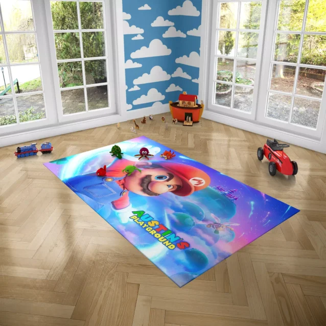 Action-ready Super Mario Galaxy rug with Peach's castle in background