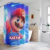 Vibrant yellow kids bathroom with a custom Mario desert theme shower curtain.