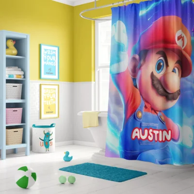 Personalized Nintendo shower curtain featuring Mario and Luigi in Mexican-style ponchos.
