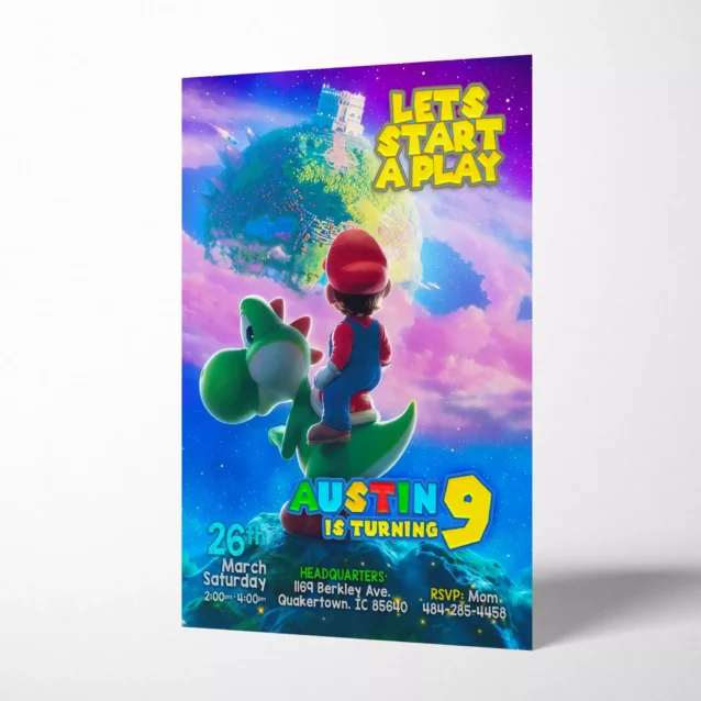 Super Mario Odyssey style sand kingdom birthday party invite