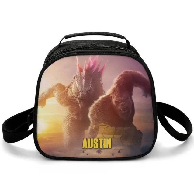 Vintage 1998 Tokyo style personalized Godzilla lunch bag for kids, featuring retro Kaiju graphics and a premium thermal aluminum foil interior.