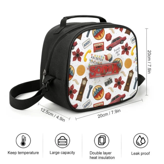 High temperature fade-proof print profiling on a Demogorgon theme kid's lunch cooler bag.