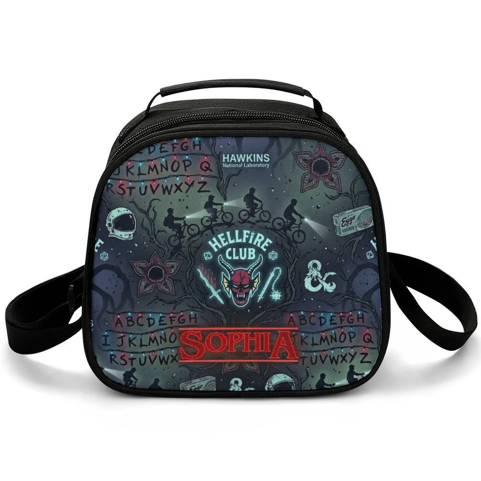 Stranger Things lunch box in the Hellfire Club design — the club crest, D&D dice and the Hawkins alphabet wall on navy, with the child's name printed in red neon lettering.