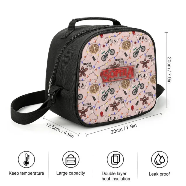 Close up hardware double zippers check on a custom print Vecna theme lunch storage box.