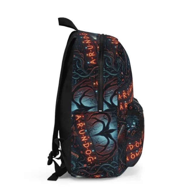 Custom Stranger Things inverted print bookbag highlighting protective padding frames
