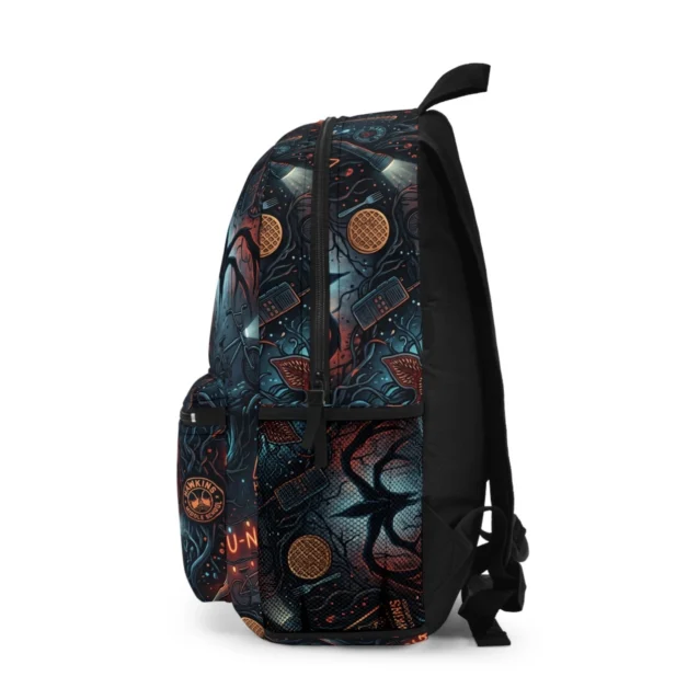 Alternative angle view of a personalized Stranger Things Upside Down inverted theme schoolbag
