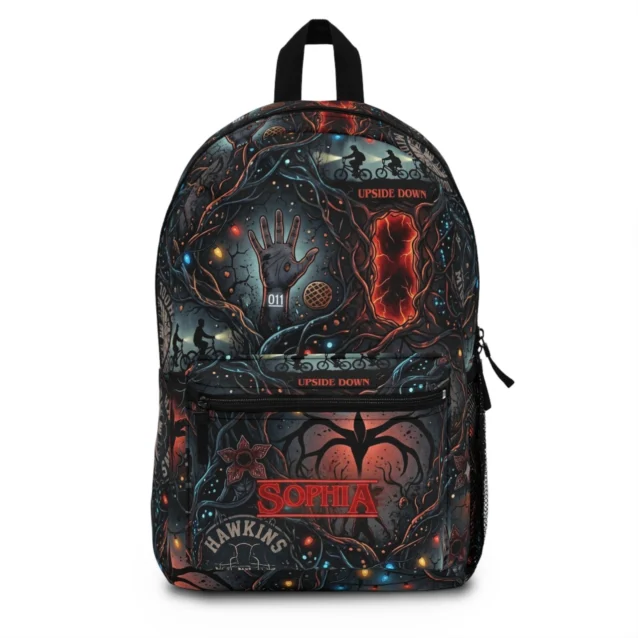 Stranger Things Upside Down backpack featuring mirrored text graphics and inverted canvas layouts
