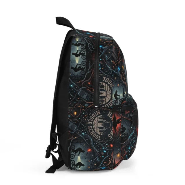 Inverted style custom bookbag showing the spacious main storage compartment open layout