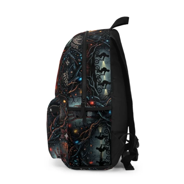 Secure double zipper closures on an inverted design custom Stranger Things school rucksack