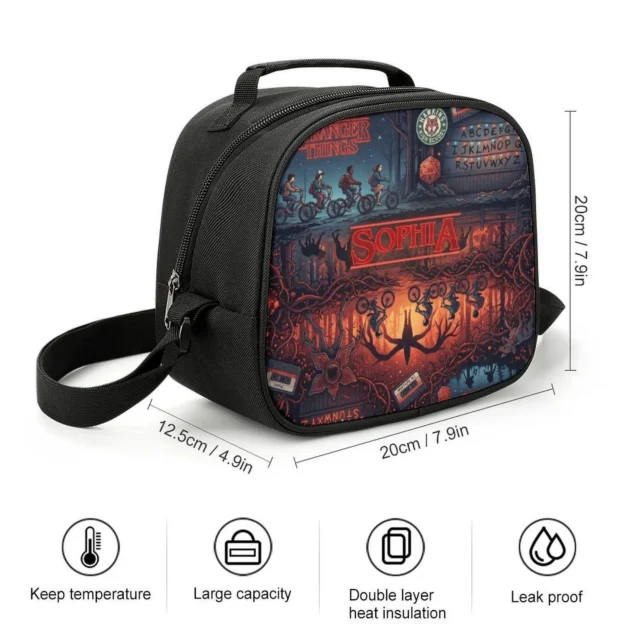 Mirrored text elements on a custom Stranger Things Upside Down inverted layout lunch box container.