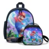 Studio product display layout of the custom coordinate 2-piece back-to-school Super Mario Galaxy matching backpack and insulated lunchbox set bundle.