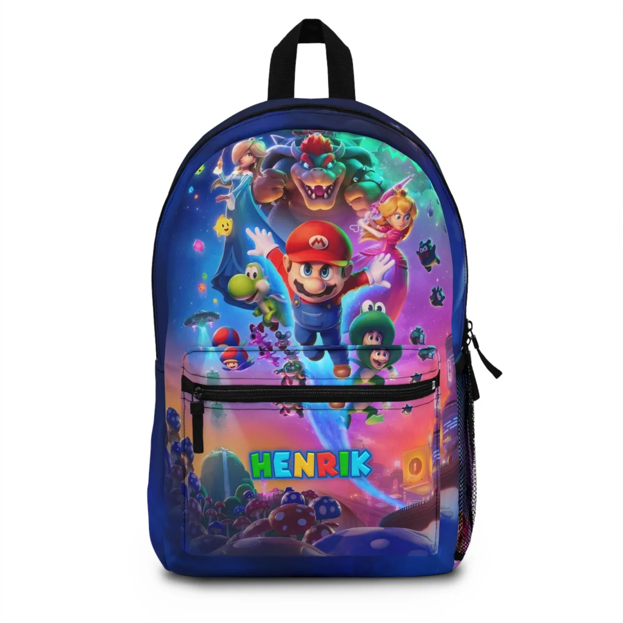 Personalized Super Mario Galaxy school backpack in the Galaxy Crew design — Mario, Luigi, Peach, Yoshi, Toad and Bowser together on a rainbow galaxy, with the child's name printed across the front pocket.