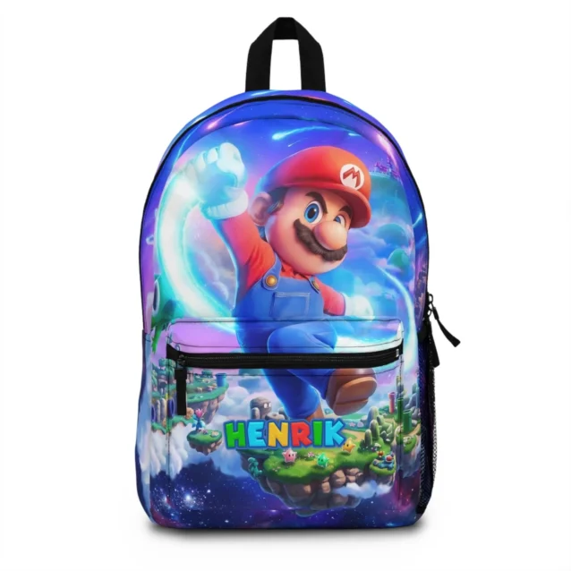 Front display view of the custom full-sized Super Mario Galaxy movie variant school backpack for kids featuring vibrant character prints on a durable canvas frame.