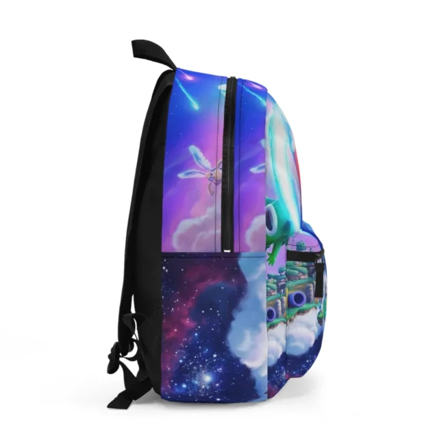 Rear perspective view of the custom Super Mario Galaxy back pack highlighting the thick adjustable padded shoulder strap system