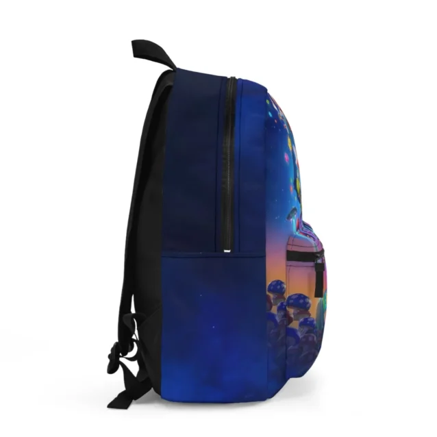 Side angle display view of the personalized cosmic navy blue variant Super Mario Galaxy school bag for boys showing deep side utility compartments