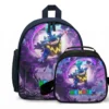 Flat-lay product presentation of the matching custom cosmic navy pattern Mario Galaxy school bag rucksack and thermal lunch tote utility set bundle.