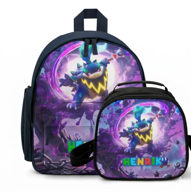 Flat-lay product presentation of the matching custom cosmic navy pattern Mario Galaxy school bag rucksack and thermal lunch tote utility set bundle.