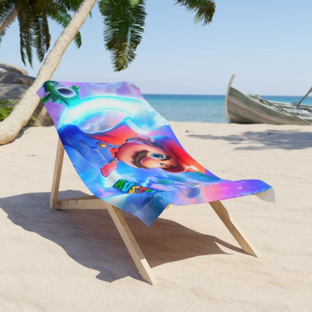 Custom name printed on Super Mario Galaxy beach gear.