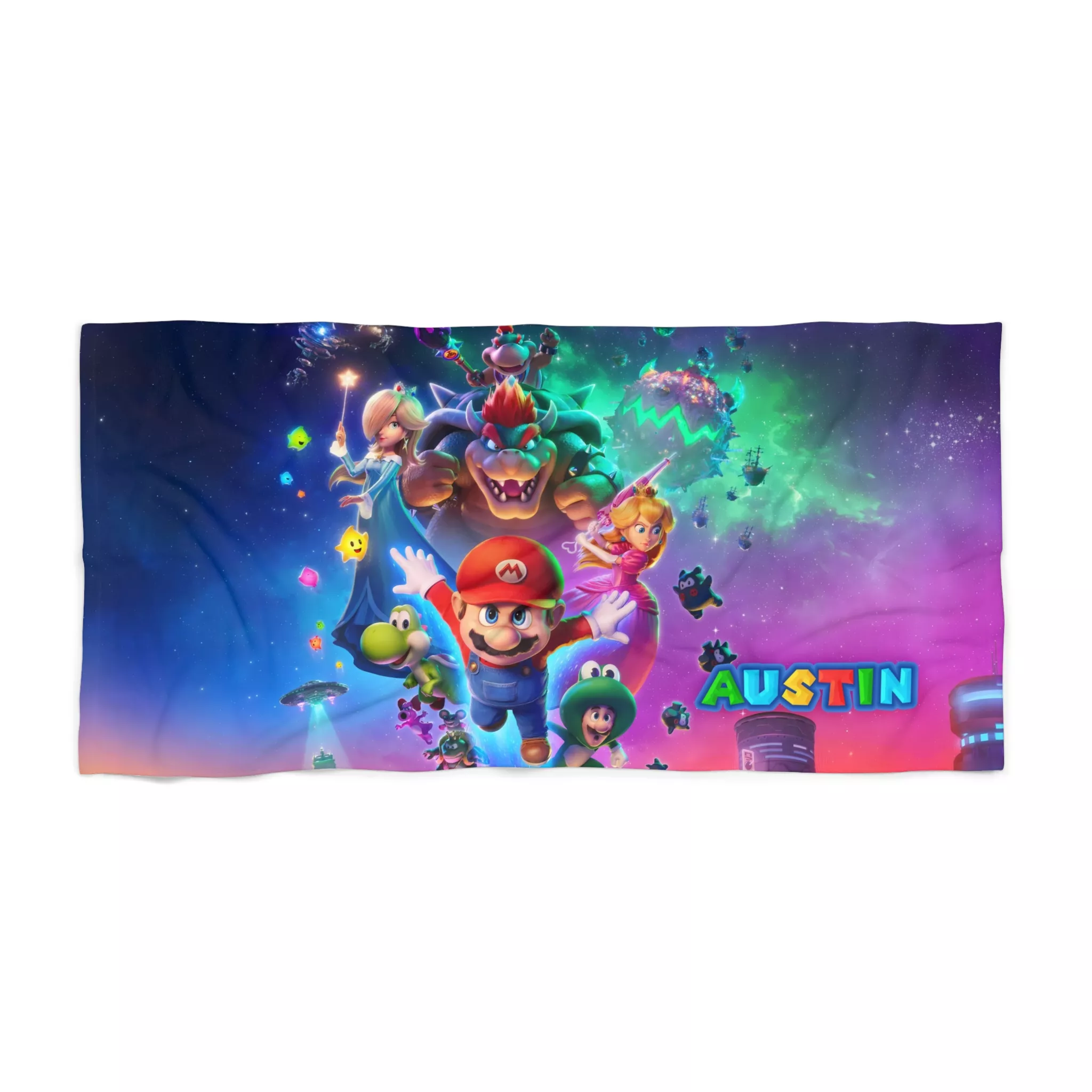Lightweight travel-friendly Super Mario pool towel rolled up in a bag.