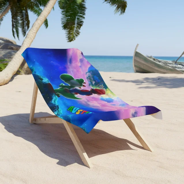 Mario and Luma custom gaming beach towel on a sun lounger.