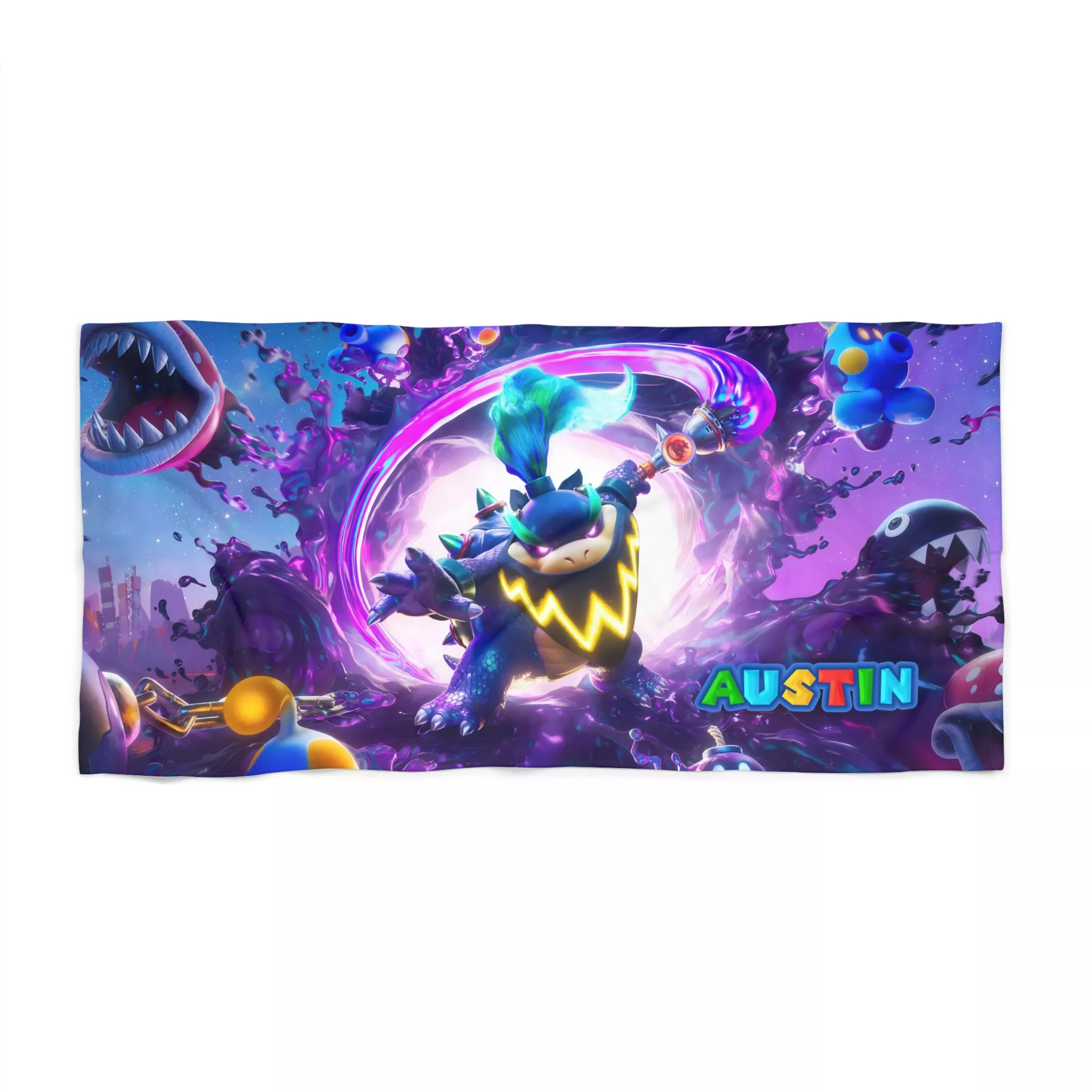 Super Mario Galaxy beach towel spread out by the swimming pool.