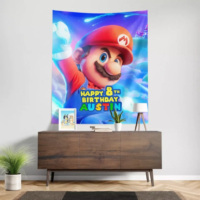 Super Mario Galaxy birthday banner featuring Mario, Rosalina, and Peach.