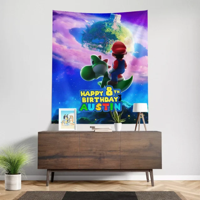 Custom gamer birthday tapestry with Bowser and Mario in space.