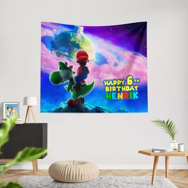 Boy's customized Super Mario Bros birthday party banner.