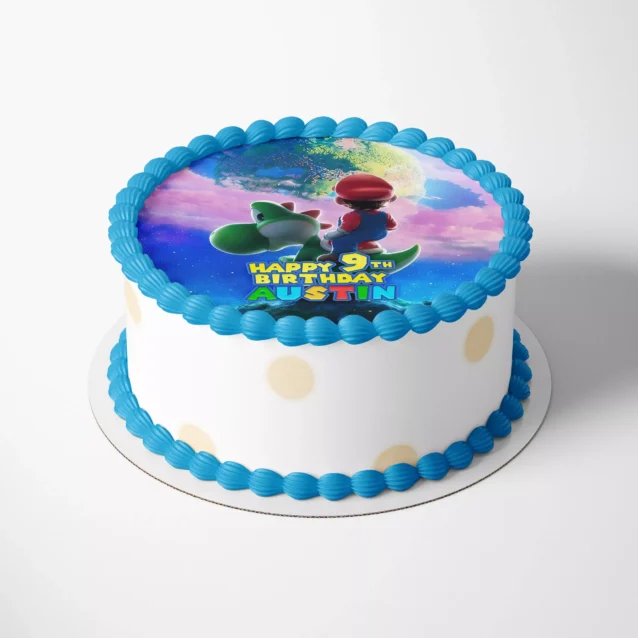 Edible digital cake topper with Mario riding Yoshi in the galaxy
