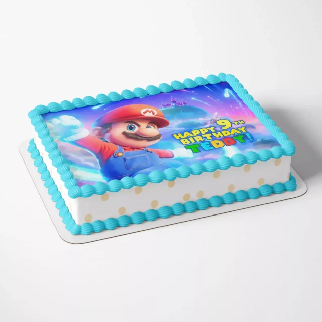 Personalized Super Mario galaxy cake topper featuring Mario flying in space
