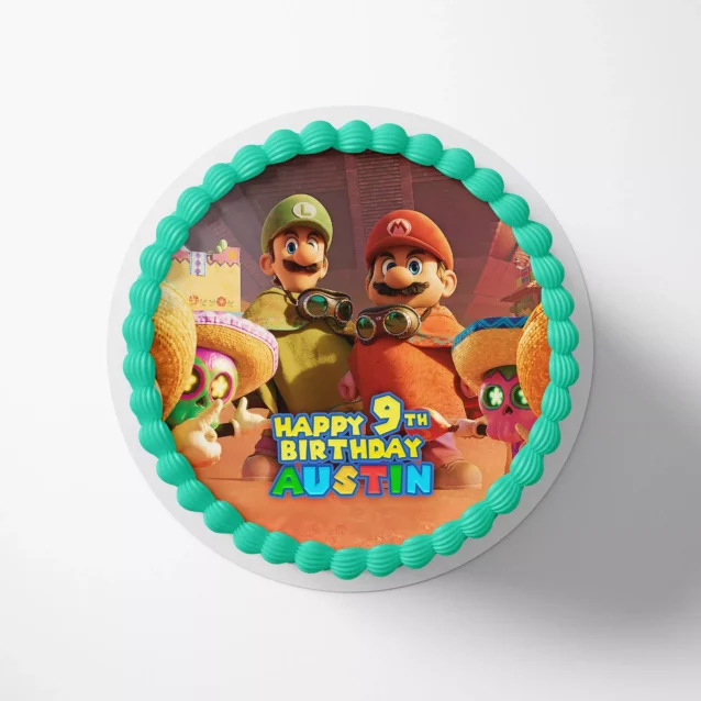 Custom digital print for Mexican themed Super Mario birthday cake
