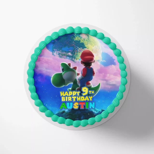 Personalized Nintendo birthday cake image with dinosaur and plumber