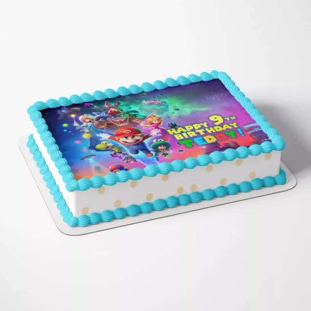 Yoshi and Mario looking at planets Super Mario Galaxy cake topper