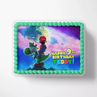 Custom space theme cake decoration featuring Yoshi and Mario