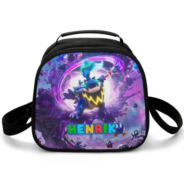 Bowser mid-roar in a swirling dark vortex on a personalized Super Mario Galaxy insulated lunch box.