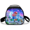 Super Mario Galaxy lunch box with Mario punching skyward through a star-filled nebula, personalized with the child's name.