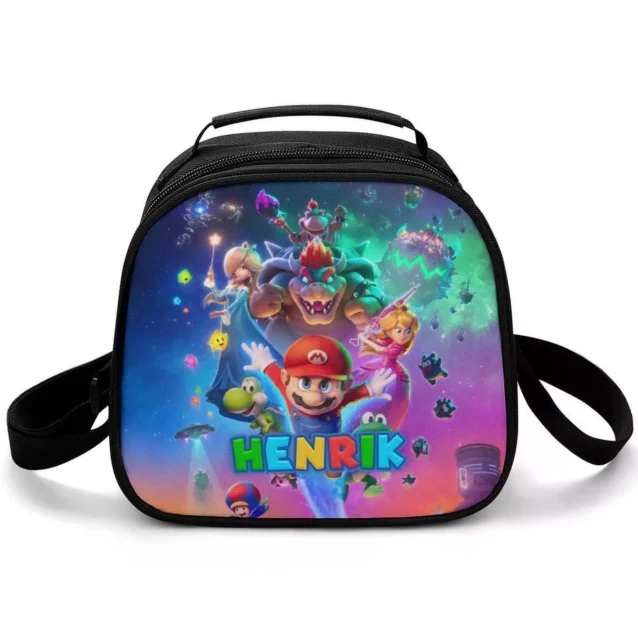 Super Mario Galaxy lunch bag showing the full cast — Mario, Luigi, Peach, Yoshi, Rosalina and Bowser — on a purple starfield with a custom printed name.