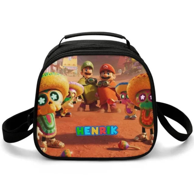Mario and Luigi marching through the Sand Kingdom with the Toads, printed on a custom Super Mario lunch bag.