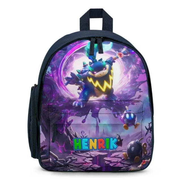 Personalized Super Mario Galaxy mini backpack in the Bowser's Dark Galaxy design — Bowser roaring in a purple nebula, with the child's name printed across the front pocket.