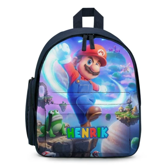 Personalized Super Mario Galaxy mini backpack in the Cosmic Mario (Star Power) design — Mario leaping through a blue star-filled sky, with the child's name printed across the front pocket.
