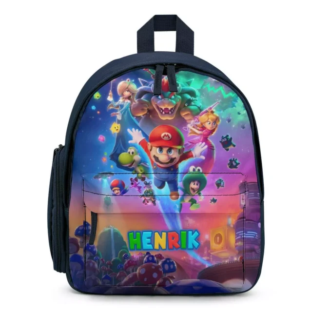 Personalized Super Mario Galaxy mini backpack in the Galaxy Crew design — Mario, Luigi, Peach, Yoshi, Toad and Bowser together on a rainbow galaxy, with the child's name printed across the front pocket.