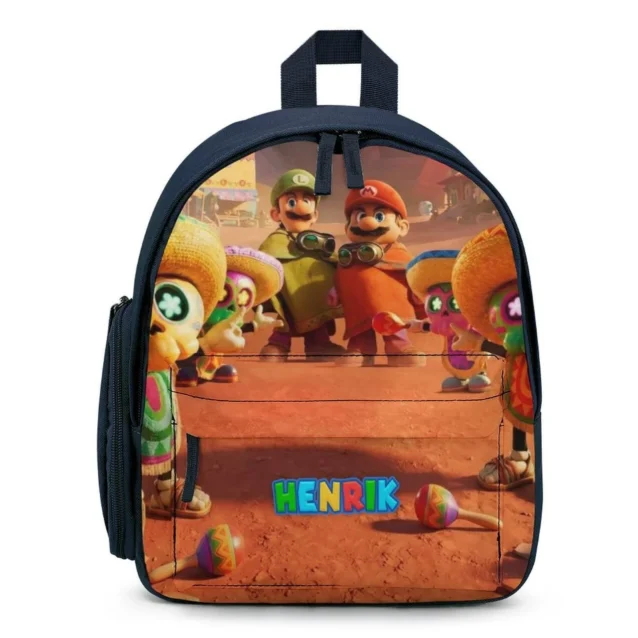 Personalized Super Mario Galaxy mini backpack in the Mario & Luigi (Sand Kingdom) design — Mario, Luigi and the Toads in the desert kingdom, with the child's name printed across the front pocket.