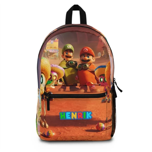 Closeup detail mockup layout of the custom Nintendo variant Super Mario Galaxy bookbag showcasing the high-definition print quality of Mario and Luma characters.