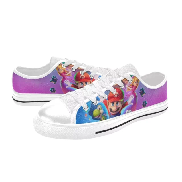 Close-up of Mario graphic on the side panel of kids canvas sneakers.