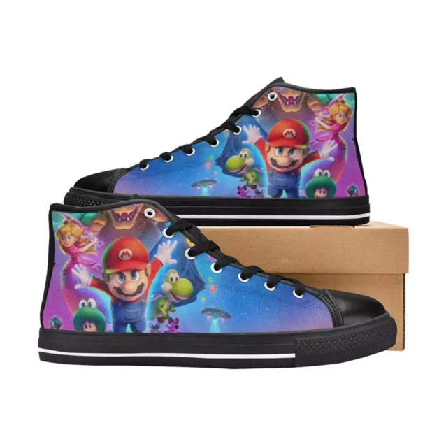 Toddler easily fastening velcro on their Super Mario Galaxy shoes.
