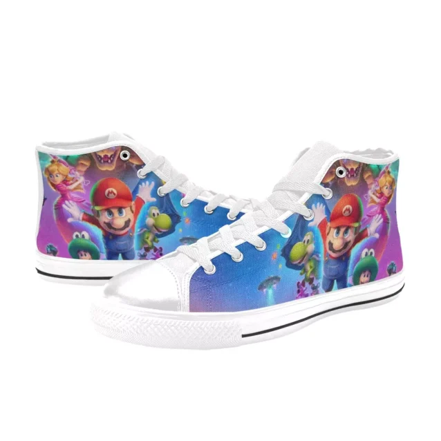 Water-resistant nylon canvas material on Super Mario space sneakers.